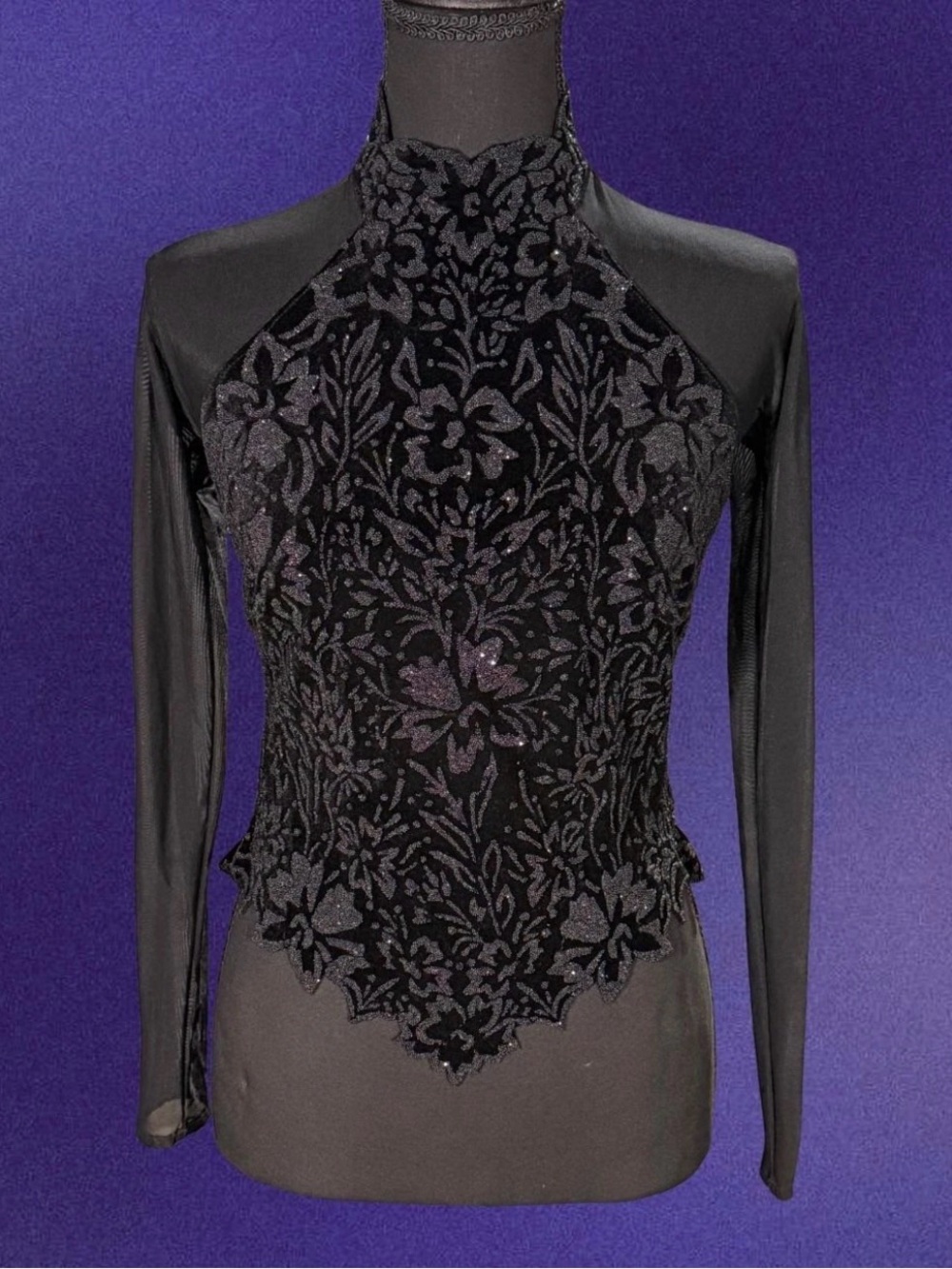 1980s Tadashi Shoji Beaded and Mesh long sleeve turtle neck